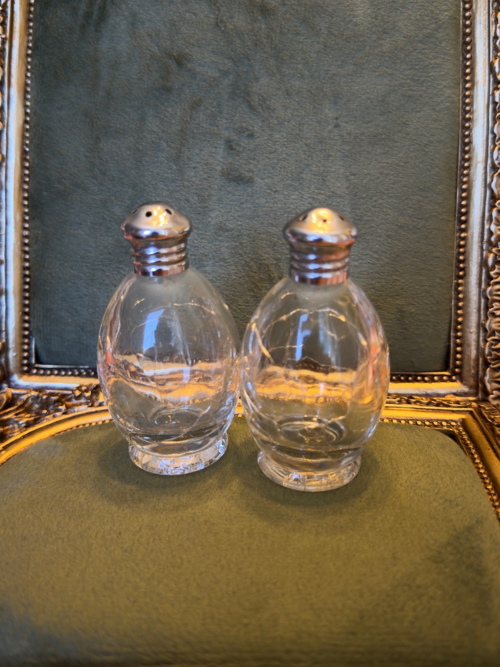 Vintage Crackle Glass Salt and Pepper Shakers - Chrome Tops Set of 2